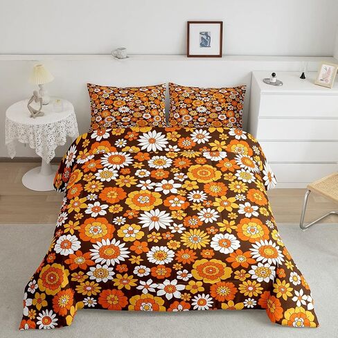 Feelyou 60S 70S Groovy Comforter Set Kids Retro Hippie Flower Comforter for Boys Teens Vintage Boho Plant Floral Bedding Set Botanical Blossom Brown Duvet Set Room Decor Quilt Set Twin Size in Kuwait