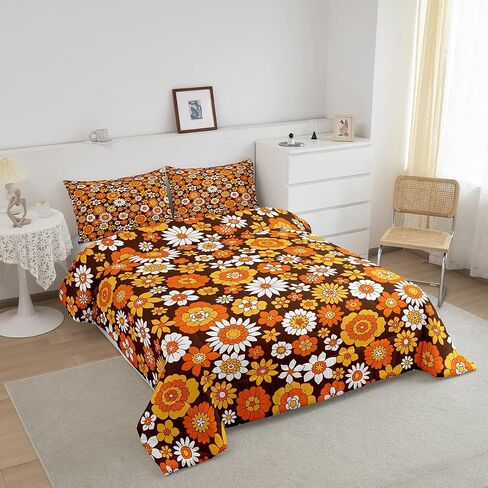 Feelyou 60S 70S Groovy Comforter Set Kids Retro Hippie Flower Comforter for Boys Teens Vintage Boho Plant Floral Bedding Set Botanical Blossom Brown Duvet Set Room Decor Quilt Set Twin Size in Kuwait