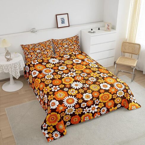 Feelyou 60S 70S Groovy Comforter Set Kids Retro Hippie Flower Comforter for Boys Teens Vintage Boho Plant Floral Bedding Set Botanical Blossom Brown Duvet Set Room Decor Quilt Set Twin Size in Kuwait