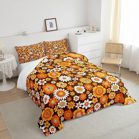Feelyou 60S 70S Groovy Comforter Set Kids Retro Hippie Flower Comforter for Boys Teens Vintage Boho Plant Floral Bedding Set Botanical Blossom Brown Duvet Set Room Decor Quilt Set Twin Size in Kuwait