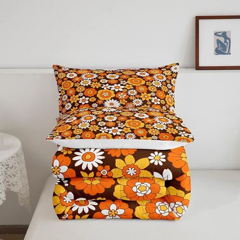 Feelyou 60S 70S Groovy Comforter Set Kids Retro Hippie Flower Comforter for Boys Teens Vintage Boho Plant Floral Bedding Set Botanical Blossom Brown Duvet Set Room Decor Quilt Set Twin Size in Kuwait