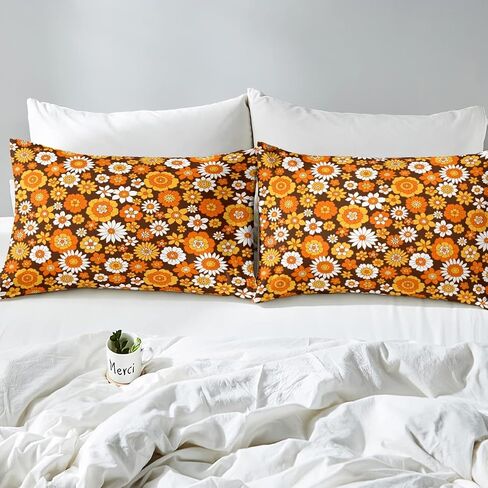 Feelyou 60S 70S Groovy Comforter Set Kids Retro Hippie Flower Comforter for Boys Teens Vintage Boho Plant Floral Bedding Set Botanical Blossom Brown Duvet Set Room Decor Quilt Set Twin Size in Kuwait