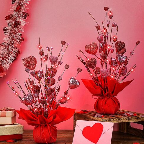 ganeen عيد الحب الديكور 2 حزمة مضاءة عيد الحب شجرة الجدول القلب 18 بوصة عيد الحب شجرة منضدية أدى ضوء شجرة اصطناعية ديكور لعيد الحب زينة المنزل حفل زفاف in Kuwait