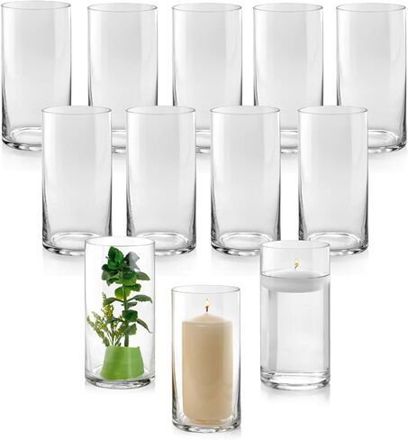 مجموعة مكونة من 12 مزهرية زجاجية اسطوانية بطول 20.32 سم - متعددة الاستخدامات: شمعة عامودية، حوامل شموع عائمة أو مزهرية زهرية، مثالية كزينة مركزية للزفاف. in Kuwait