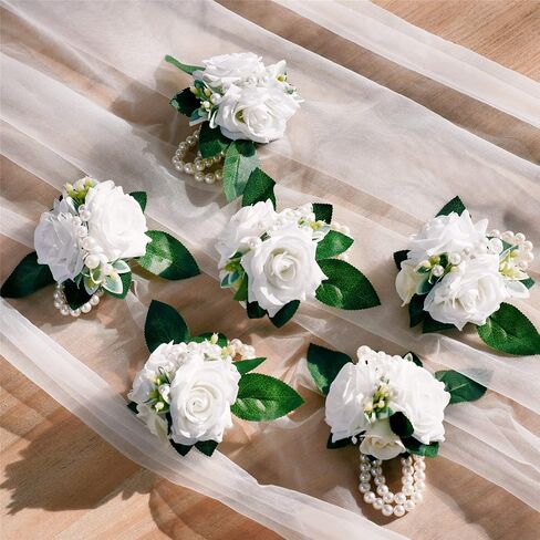 Meldel Prom Corsage and Boutonniere Set, Groomsmen Groom Artificial Boutonniere for Men Wedding, White Rose Wrist Corsage Bridal Girls Hand Flower for Rustic Fall Wedding Homecoming Ceremony Party in Kuwait