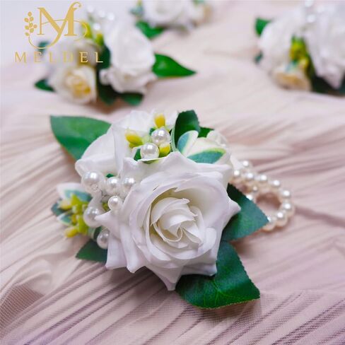 Meldel Prom Corsage and Boutonniere Set, Groomsmen Groom Artificial Boutonniere for Men Wedding, White Rose Wrist Corsage Bridal Girls Hand Flower for Rustic Fall Wedding Homecoming Ceremony Party in Kuwait