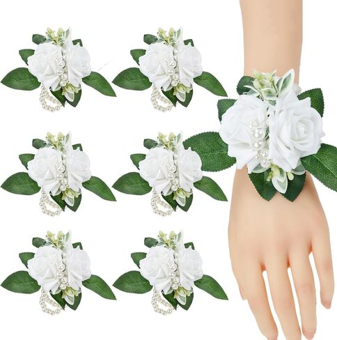 Meldel Prom Corsage and Boutonniere Set, Groomsmen Groom Artificial Boutonniere for Men Wedding, White Rose Wrist Corsage Bridal Girls Hand Flower for Rustic Fall Wedding Homecoming Ceremony Party in Kuwait