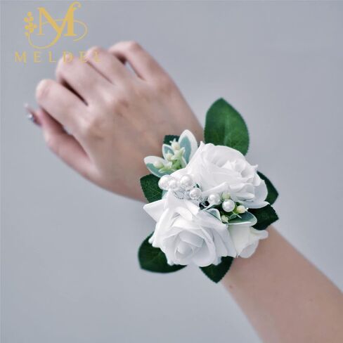 Meldel Prom Corsage and Boutonniere Set, Groomsmen Groom Artificial Boutonniere for Men Wedding, White Rose Wrist Corsage Bridal Girls Hand Flower for Rustic Fall Wedding Homecoming Ceremony Party in Kuwait