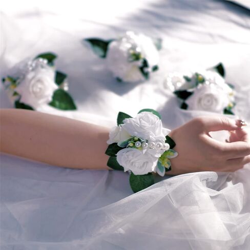 Meldel Prom Corsage and Boutonniere Set, Groomsmen Groom Artificial Boutonniere for Men Wedding, White Rose Wrist Corsage Bridal Girls Hand Flower for Rustic Fall Wedding Homecoming Ceremony Party in Kuwait