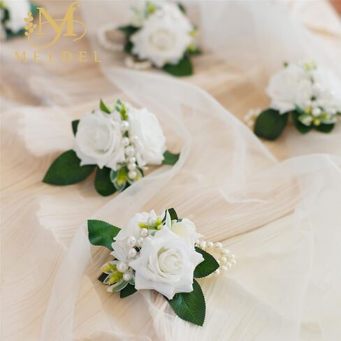 Meldel Prom Corsage and Boutonniere Set, Groomsmen Groom Artificial Boutonniere for Men Wedding, White Rose Wrist Corsage Bridal Girls Hand Flower for Rustic Fall Wedding Homecoming Ceremony Party in Kuwait