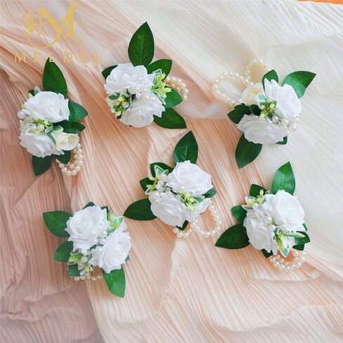Meldel Prom Corsage and Boutonniere Set, Groomsmen Groom Artificial Boutonniere for Men Wedding, White Rose Wrist Corsage Bridal Girls Hand Flower for Rustic Fall Wedding Homecoming Ceremony Party in Kuwait