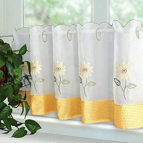 ستارة قصيرة من ZHH مطرزة عليها زهرة عباد الشمس شبه شفاف كافيه المطبخ قصيرة نمط رعوي نافذة الستارة H 23 بوصة × عرض 59 بوصة، قاعدة صفراء in Kuwait