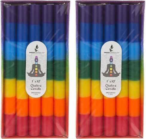 Mega Candles 5 pcs Unscented Multi Color Chakra Straight Taper Candle, Hand Poured Premium Wax Candles 10 Inch x 1 Inch, 100% Cotton Wick, Promotes Positive Energy, Meditation & Relaxation in Saudi Arabia