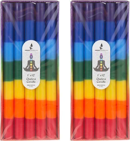 Mega Candles 5 pcs Unscented Multi Color Chakra Straight Taper Candle, Hand Poured Premium Wax Candles 10 Inch x 1 Inch, 100% Cotton Wick, Promotes Positive Energy, Meditation & Relaxation in Saudi Arabia