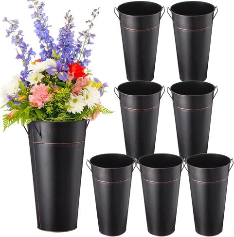 8 Pcs 13.78 Inch Wedding Galvanized Tall Metal Vases Farmhouse Flower French Bucket with Handle Non Waterproof Rustic Wedding Centerpieces Decorations for Vintage Home Dry Floral Table(Black) in Saudi Arabia