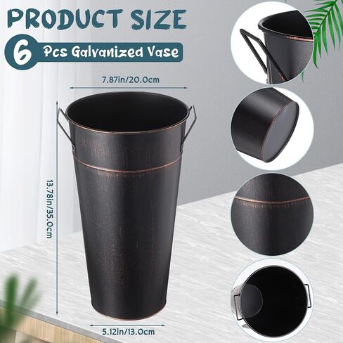 8 Pcs 13.78 Inch Wedding Galvanized Tall Metal Vases Farmhouse Flower French Bucket with Handle Non Waterproof Rustic Wedding Centerpieces Decorations for Vintage Home Dry Floral Table(Black) in Saudi Arabia