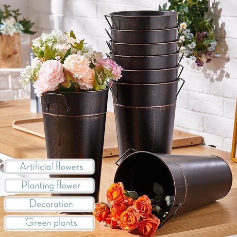 8 Pcs 13.78 Inch Wedding Galvanized Tall Metal Vases Farmhouse Flower French Bucket with Handle Non Waterproof Rustic Wedding Centerpieces Decorations for Vintage Home Dry Floral Table(Black) in Saudi Arabia