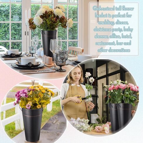 8 Pcs 13.78 Inch Wedding Galvanized Tall Metal Vases Farmhouse Flower French Bucket with Handle Non Waterproof Rustic Wedding Centerpieces Decorations for Vintage Home Dry Floral Table(Black) in Saudi Arabia