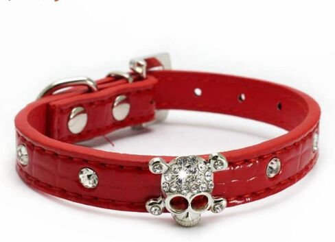 Pimaodog لطيف مبهر متألق أنيق جمجمة الماس كريستال حجر الراين جلد صغير كلب قطط طوق جرو (S: 21-27 سم، أسود) in Kuwait