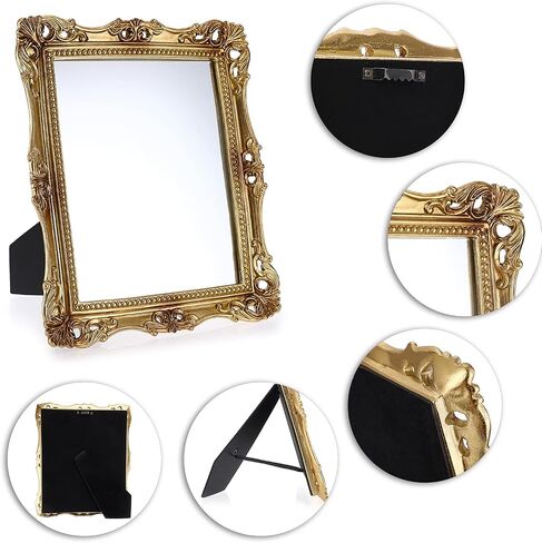 Laxioriew Antique Gold Resin Frame Decorative Tabletop Dressing Mirror with Stand - Vintage Floral Frame Small Mirror for Wall Decor - Countertop Makeup Mirror Retro Square Cosmetic Mirrors in Saudi Arabia