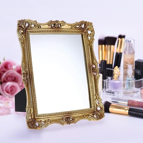 Laxioriew Antique Gold Resin Frame Decorative Tabletop Dressing Mirror with Stand - Vintage Floral Frame Small Mirror for Wall Decor - Countertop Makeup Mirror Retro Square Cosmetic Mirrors in Saudi Arabia
