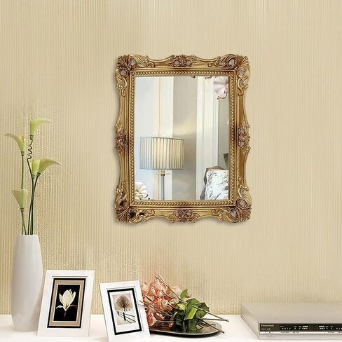 Laxioriew Antique Gold Resin Frame Decorative Tabletop Dressing Mirror with Stand - Vintage Floral Frame Small Mirror for Wall Decor - Countertop Makeup Mirror Retro Square Cosmetic Mirrors in Saudi Arabia