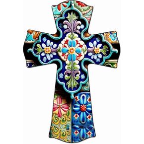 صليب خشبي من CALUOHO مرسومة يدويًا على شكل زهور سيراميك ملهمة من الزجاج الملون للمنزل والمزرعة وغرفة النوم وغرفة المعيشة وديكور الحائط هدية 5 × 7 بوصة in Kuwait