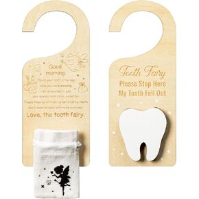 2ooya 2 قطعة خشبية الأسنان الجنية الباب شماعات مجموعة الأسنان البيضاء الجنية المال حامل مع حقيبة الأسنان لطيف الأسنان الجنية باب خشبي شنقا علامة مع الأسنان الجنية الحقيبة حقيبة التقاط مربع هدية للأطفال الأسنان المفقودة in Kuwait