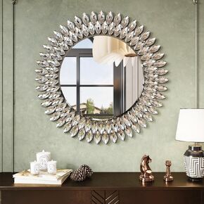 Kelly Miller Jeweled Mirror for Wall, 28 Inch Round Luxury Mirror Sparkling Diamond Mirror Beveled Modern Mirror Wall Decor for Bathroom, Living Room, Bedroom, Hallway in Kuwait