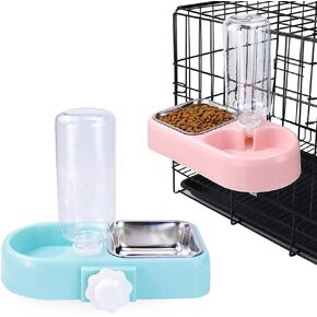 Crate Dog Cat Bowls, Dog Water and Food Bowl Set with Detachable Stainless Steel Bowl and Automatic Water Dispenser Bottle, Hanging Pet Cage Kennel Food Water Feeder Bowls for Puppy Cat Rabbite
