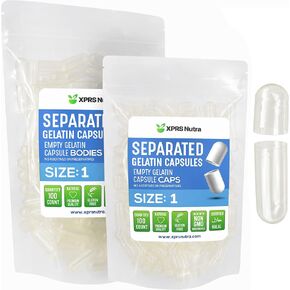 كبسولات جيلاتينية منفصلة مقاس 1 من XPRS Nutra - عدد 1000 كبسولة حبوب فارغة مفصولة في أكياس - كبسولات فارغة شفافة - كبسولات فارغة منفصلة - كبسولات حبوب منع الحمل فارغة لملء المكملات الغذائية بنفسك in Kuwait