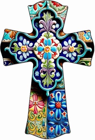 صليب خشبي من CALUOHO مرسومة يدويًا على شكل زهور سيراميك ملهمة من الزجاج الملون للمنزل والمزرعة وغرفة النوم وغرفة المعيشة وديكور الحائط هدية 5 × 7 بوصة in Kuwait