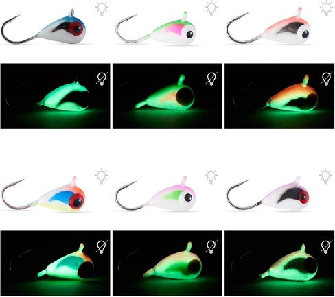 BASSDASH Tungsten Ice Fishing Jigs with Glowing Paint Fishing Lures for Winter Ice Jigging Crappie Bluegill, 6-Pack in Saudi Arabia