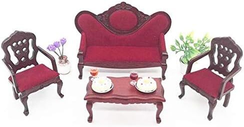 EatingBiting 1:12 Miniature Living Room Furniture Vintage Red Wooden Sofa Armchair Couch Table 3pcs Set Sofa + 2 Chairs in Saudi Arabia