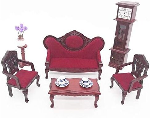 EatingBiting 1:12 Miniature Living Room Furniture Vintage Red Wooden Sofa Armchair Couch Table 3pcs Set Sofa + 2 Chairs in Saudi Arabia