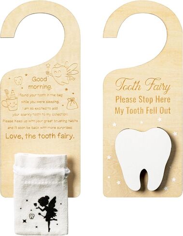 2ooya 2 قطعة خشبية الأسنان الجنية الباب شماعات مجموعة الأسنان البيضاء الجنية المال حامل مع حقيبة الأسنان لطيف الأسنان الجنية باب خشبي شنقا علامة مع الأسنان الجنية الحقيبة حقيبة التقاط مربع هدية للأطفال الأسنان المفقودة in Kuwait