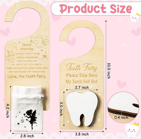 2ooya 2 قطعة خشبية الأسنان الجنية الباب شماعات مجموعة الأسنان البيضاء الجنية المال حامل مع حقيبة الأسنان لطيف الأسنان الجنية باب خشبي شنقا علامة مع الأسنان الجنية الحقيبة حقيبة التقاط مربع هدية للأطفال الأسنان المفقودة in Kuwait