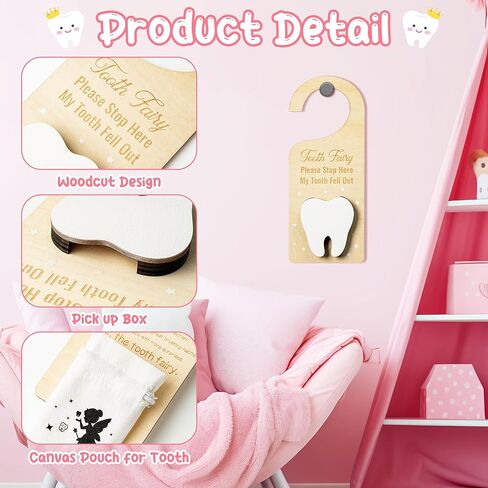 2ooya 2 قطعة خشبية الأسنان الجنية الباب شماعات مجموعة الأسنان البيضاء الجنية المال حامل مع حقيبة الأسنان لطيف الأسنان الجنية باب خشبي شنقا علامة مع الأسنان الجنية الحقيبة حقيبة التقاط مربع هدية للأطفال الأسنان المفقودة in Kuwait
