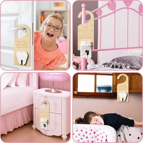 2ooya 2 قطعة خشبية الأسنان الجنية الباب شماعات مجموعة الأسنان البيضاء الجنية المال حامل مع حقيبة الأسنان لطيف الأسنان الجنية باب خشبي شنقا علامة مع الأسنان الجنية الحقيبة حقيبة التقاط مربع هدية للأطفال الأسنان المفقودة in Kuwait