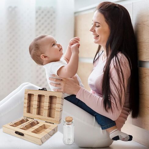DOERDO Baby Tooth Box Umbilical Cord Keepsake Box Hair Collection Box with 3 Glass Bottles Kids Souvenir Storage Box to Keep the Childwood Memory, 4.5"x3.1" in Saudi Arabia