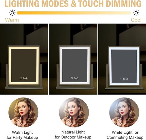 aiinnew مرآة الغرور مع أضواء، مرآة ماكياج مع التحكم الذكي باللمس، الذاكرة، قابل للتعديل أبيض دافئ / طبيعي / ضوء النهار، هدية زفاف عيد ميلاد، دوران 360 درجة (12 بوصة. أبيض) in Kuwait