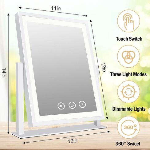 aiinnew مرآة الغرور مع أضواء، مرآة ماكياج مع التحكم الذكي باللمس، الذاكرة، قابل للتعديل أبيض دافئ / طبيعي / ضوء النهار، هدية زفاف عيد ميلاد، دوران 360 درجة (12 بوصة. أبيض) in Kuwait