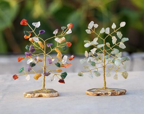 Amethyst & Rose Quartz Gemstone Tree of Life - Geode Agate Slice Base, Crystal Tree for Positive Energy, Attract Good Luck, Chakra Tree of Life, Mini Money Tree, Feng Shui Decor, Gift (Set of 2) in Saudi Arabia