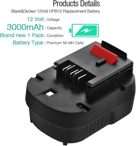 بطارية بديلة Powerextra 12V 3.7Ah HPB12 متوافقة مع Black & Decker 12V HPB12 A1712 FS120B FSB12 A12 A12-XJ A12EX FS120B FSB12 (عبوتان hpb12) in Kuwait