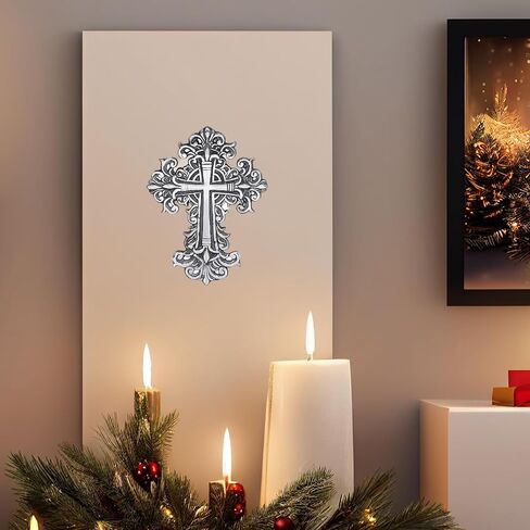 Castleore سهلة التعليق على الحائط لديكور المنزل الصلبان المسيحية الدينية للجدار | الأفضل للمنزل والمكتب وكهدية | انتيك فضي | مقاس L 8 عرض 6 بوصة | in Kuwait