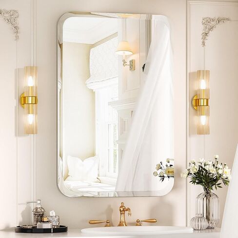 antok مرآة الحمام بدون إطار مدورة، 26 "× 38" مرآة الحائط للحمام، مرآة الغرور بدون إطار مع حافة مشطوفة فاخرة لغرفة النوم، مدخل، غرفة المعيشة in Kuwait