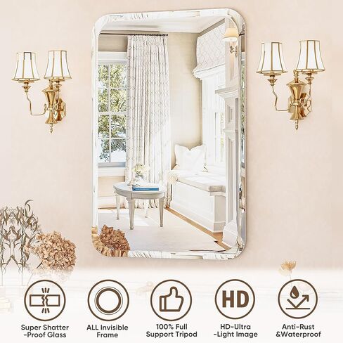 antok مرآة الحمام بدون إطار مدورة، 26 "× 38" مرآة الحائط للحمام، مرآة الغرور بدون إطار مع حافة مشطوفة فاخرة لغرفة النوم، مدخل، غرفة المعيشة in Kuwait