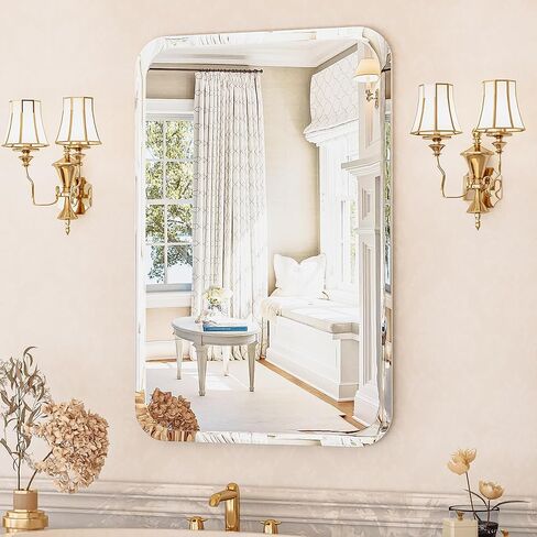 antok مرآة الحمام بدون إطار مدورة، 26 "× 38" مرآة الحائط للحمام، مرآة الغرور بدون إطار مع حافة مشطوفة فاخرة لغرفة النوم، مدخل، غرفة المعيشة in Kuwait