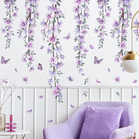 DRWSSR Hanging Creative Removable DIY Purple Flower and Vines Some Flying Butterfly Wall Sticker Waterproof Vinyl Wall Decal Decor for Home Girls Bedroom Kids Room Bedroom Living Room Wall Corner in Saudi Arabia