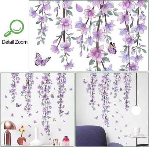 DRWSSR Hanging Creative Removable DIY Purple Flower and Vines Some Flying Butterfly Wall Sticker Waterproof Vinyl Wall Decal Decor for Home Girls Bedroom Kids Room Bedroom Living Room Wall Corner in Saudi Arabia